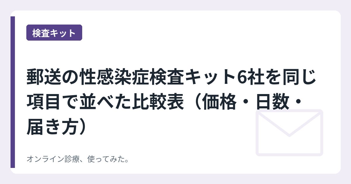 郵送の性感染症検査キット6社を同じ項目で並べた比較表（価格・日数・届き方）
