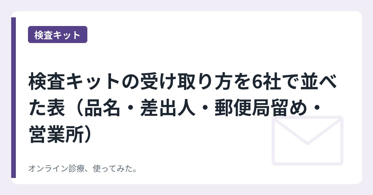 検査キットの受け取り方を6社で並べた表（品名・差出人・郵便局留め・営業所）